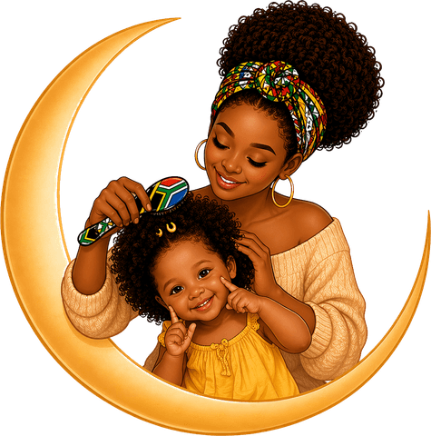 A mother brushing her daughter’s curls inside a crescent moon