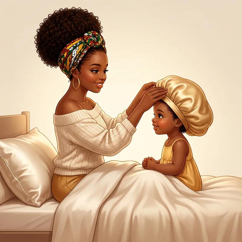 A mother settling a satin bonnet onto her daughter's head at bedtime
