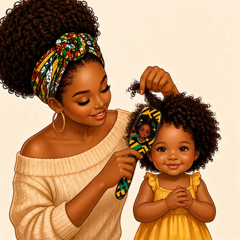 A mother lifting a section of her daughter's curls and brushing from the ends upward