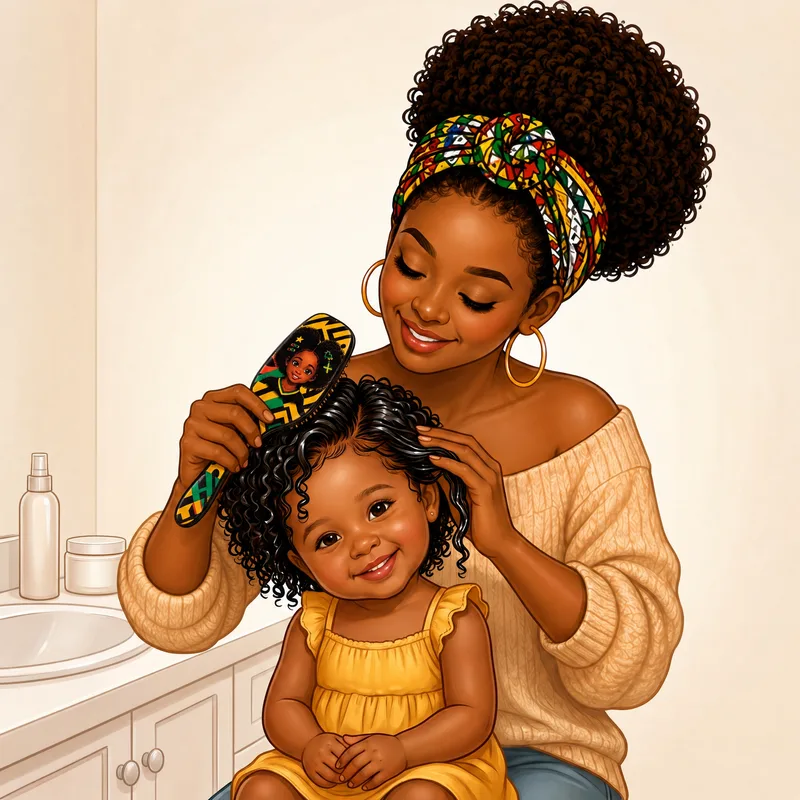 A mother detangling damp curls at the bathroom sink, with conditioner to hand